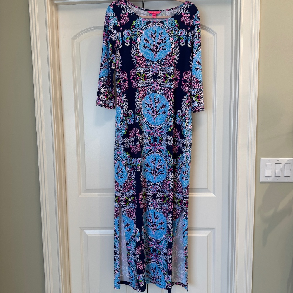 🌊 Lilly Pulitzer Morgann Maxi Dress | High Tide Navy Mermaid, 3/4 Sleeve | Sz L - Picture 2 of 5